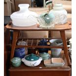 Three glass ceiling lights shades; & various items of Denby pottery kitchenware.