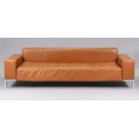 A ZANOTTA “ALFA” TAN LEATHER THREE-SEATER SETTEE AFTER A DESIGN BY EMAF PROGETTI, with square back &