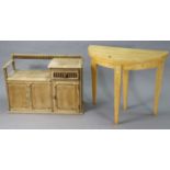 A beech demi-lune card table with a fold-over top, & on four square tapered legs, 36” wide x 30½”