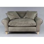A TERENCE CONRAN “WINSLOW” DARK GREY LEATHER TWO-SEATER LOVE-SEAT with a rounded back, scroll-arms,