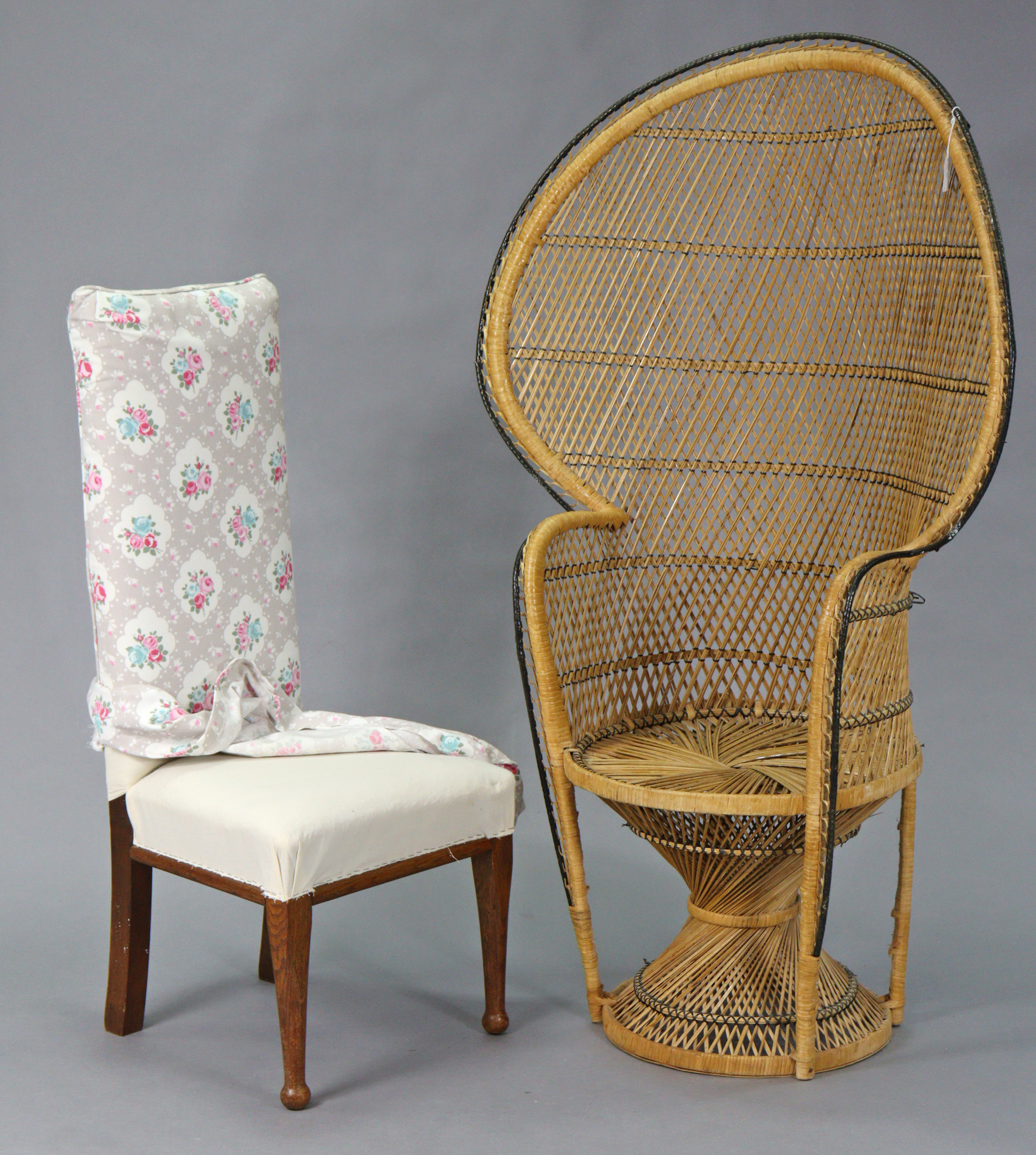 A vintage wicker “Peacock” chair; & a nursing chair.