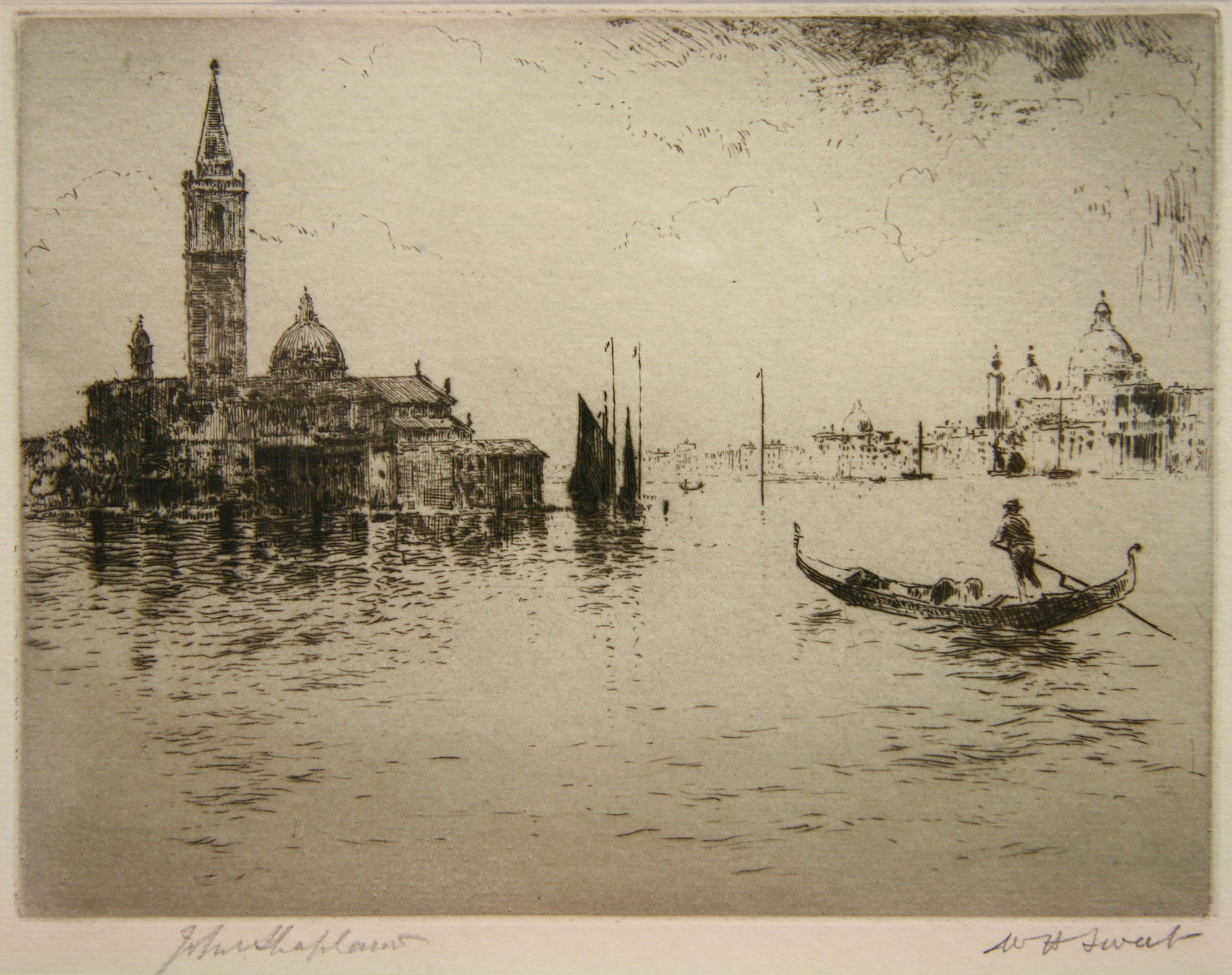 SWEET, Walter Henry/SHAPLAND, John. A black & white etching of a Venetian lagoon scene, signed by