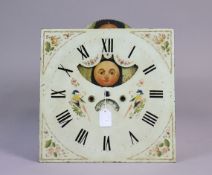 An antique enamelled metal longcase clock dial with painted exotic bird & floral decoration, & inset