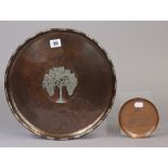 A Newlyn copper dish inscribed “Barnstaple”, 4½” diameter; & a copper & silvered-metal tray with