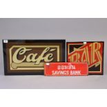 A rectangular coloured glass sign “Café” 12” x 20”; a ditto sign “Bar”, 11” x 11¾”; & a Thai