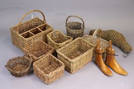 A pair of vintage shoe trees; & eight various wicker baskets.