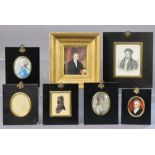 A rectangular portrait miniature of a gentleman in gilt frame, a silhouette portrait of a lady heig