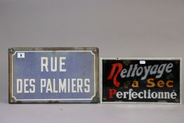 A French enamelled street sign “Rue Des Palmiers”, 9¾” x 15½”; & a French coloured glass dry-