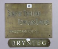 A brass rectangular sign “STAR OF ENGLAND TEMPLARE LIMITED , REGISTERED OFFICE”, 9” X 12”, & a