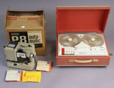 A vintage Robuk reel-to-reel tape recorder in a red & cream fibre-covered case; & a Eumig “P8