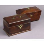 An early 19th century mahogany work box with brass swing handle to the hinged lid, brass shaped