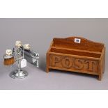 A carved pine two-division letter-rack inscribed “post”, 11¼” wide x 9½” high; & a novelty