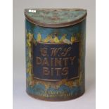 A vintage bow-fronted shop’s tin “C. W. S. Dainty Bites Silvertown”, 11” wide x 15¼” high.