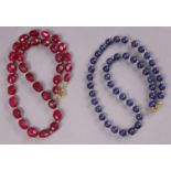 A necklace of facetted ruby beads, 21”; & another of sapphire beads, 20”.