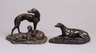 A bronzed resin ornament in the form of two greyhounds, 5¾” high; & a similar ditto in the form of a