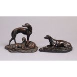 A bronzed resin ornament in the form of two greyhounds, 5¾” high; & a similar ditto in the form of a