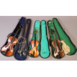 Three vintage violins & five bows, each with a case