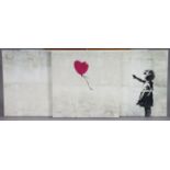 A Banksy Triptych print on canvas – Balloon Girl, each canvas, 30”x30”, and eleven “cargo” white