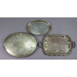 A Legacy plate engraved rectangular two-handled tea tray, 27” x 16½”; & two plated oval tea trays.