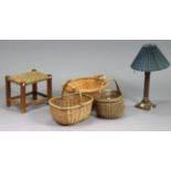 A brass Corinthian-style table lamp base with shade, together with a string-seat stool, three wicker