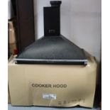 A Stoves aluminium cooker hood, boxed. 90cm wide x 30cm high x 55.5cm deep, chimney diameter 12cm.
