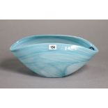 A blue and white alabaster glass bowl of elongated oval form, 15” wide x 6½” high.