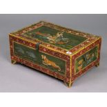An Indian painted wooden storage box with all-over multi-coloured figure and animal scene