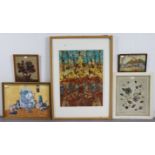 A collage floral picture, 19” x 14½”; together with four embroidered pictures; & a diorama - style