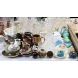 A collection of studio pottery; together with various items of coloured & plain glassware; &