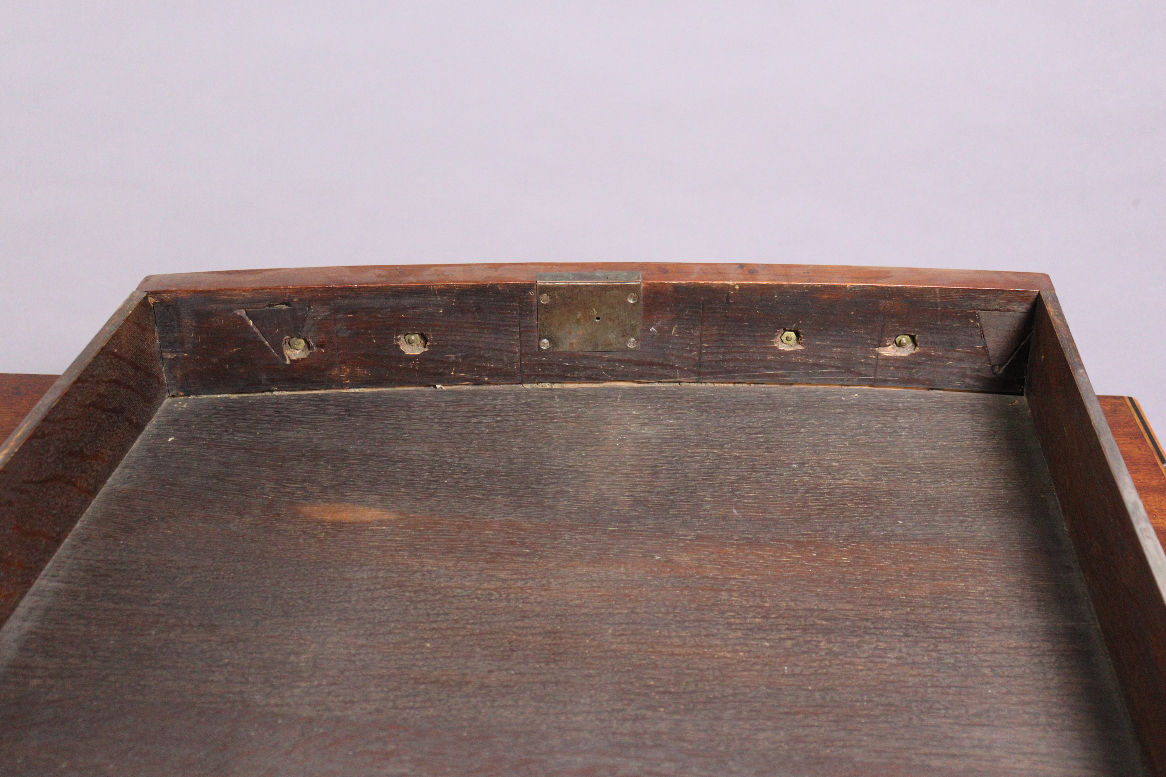 A GEORGE III INLAID-MAHOGANY LARGE BOW-FRONT SERVING TABLE, fitted two frieze drawers with brass - Image 5 of 6