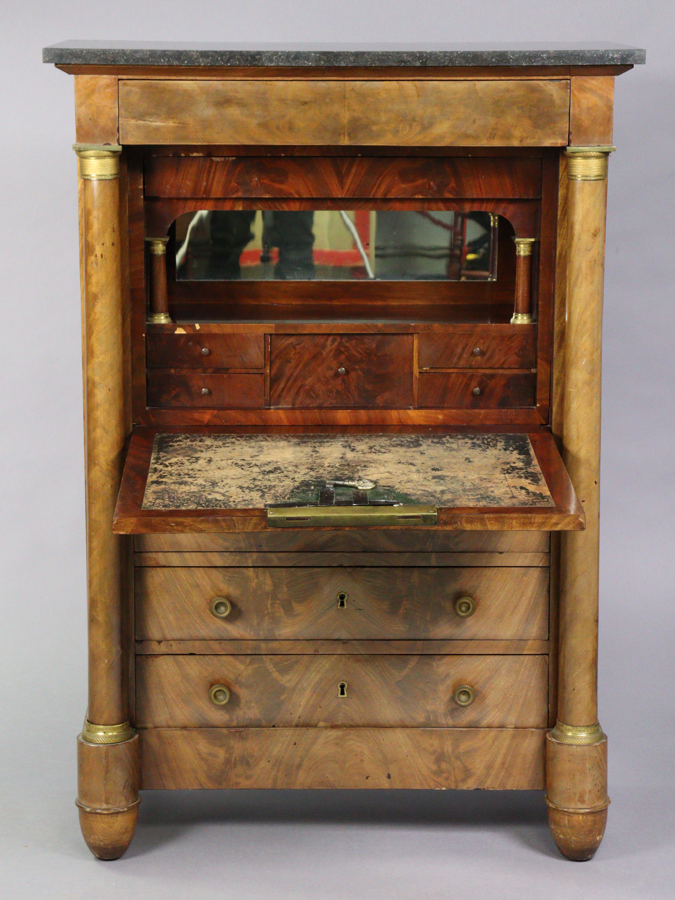 AN EARLY 19th century FRENCH WALNUT ESCRITOIRE or secretaire abatant, with brass mounted & grey - Image 2 of 12