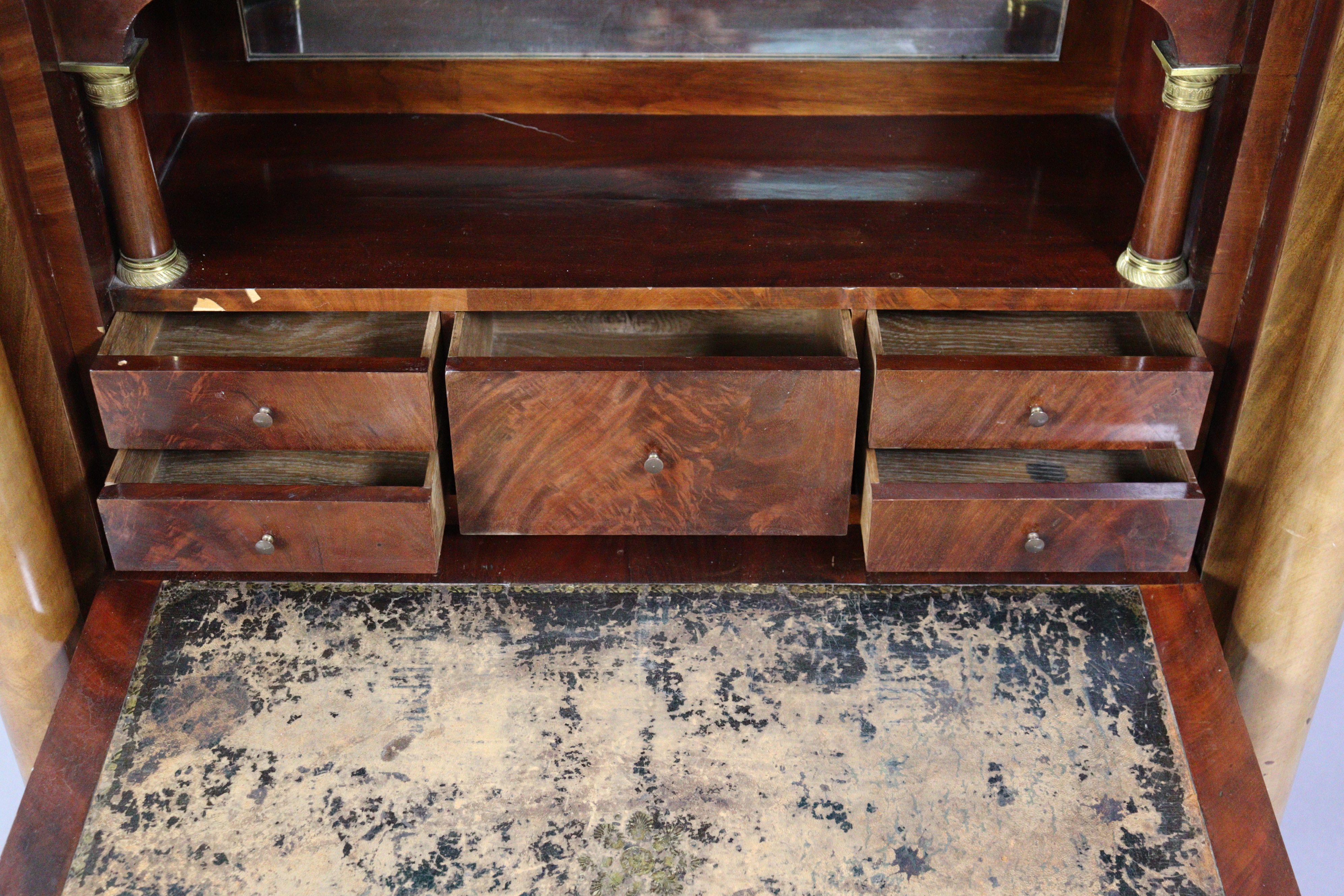 AN EARLY 19th century FRENCH WALNUT ESCRITOIRE or secretaire abatant, with brass mounted & grey - Image 3 of 12