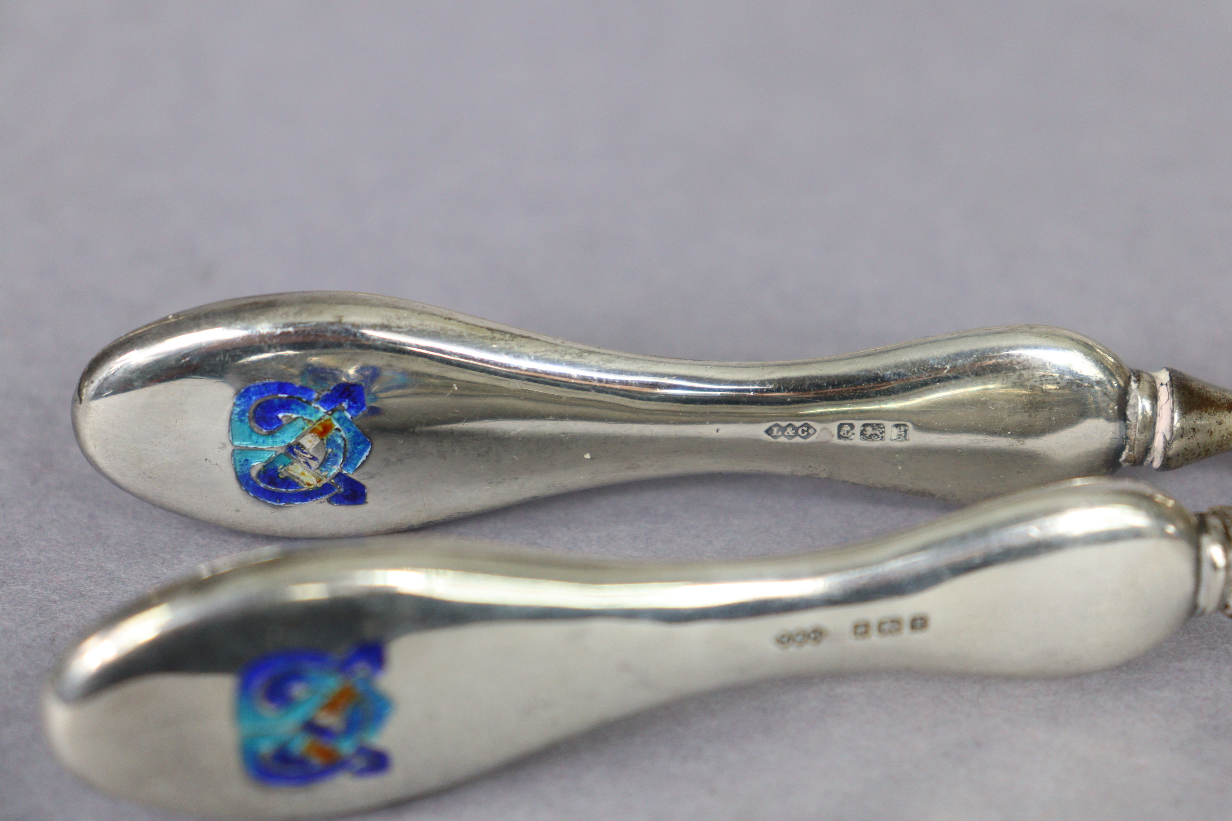 A Liberty & Co. “Cymric” silver part dressing table set with coloured enamel Celtic motifs, - Image 3 of 13