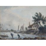 DUTCH SCHOOL, late 18th century. A river landscape with figures hauling nets, Watercolour: 5¼” x 7¼”