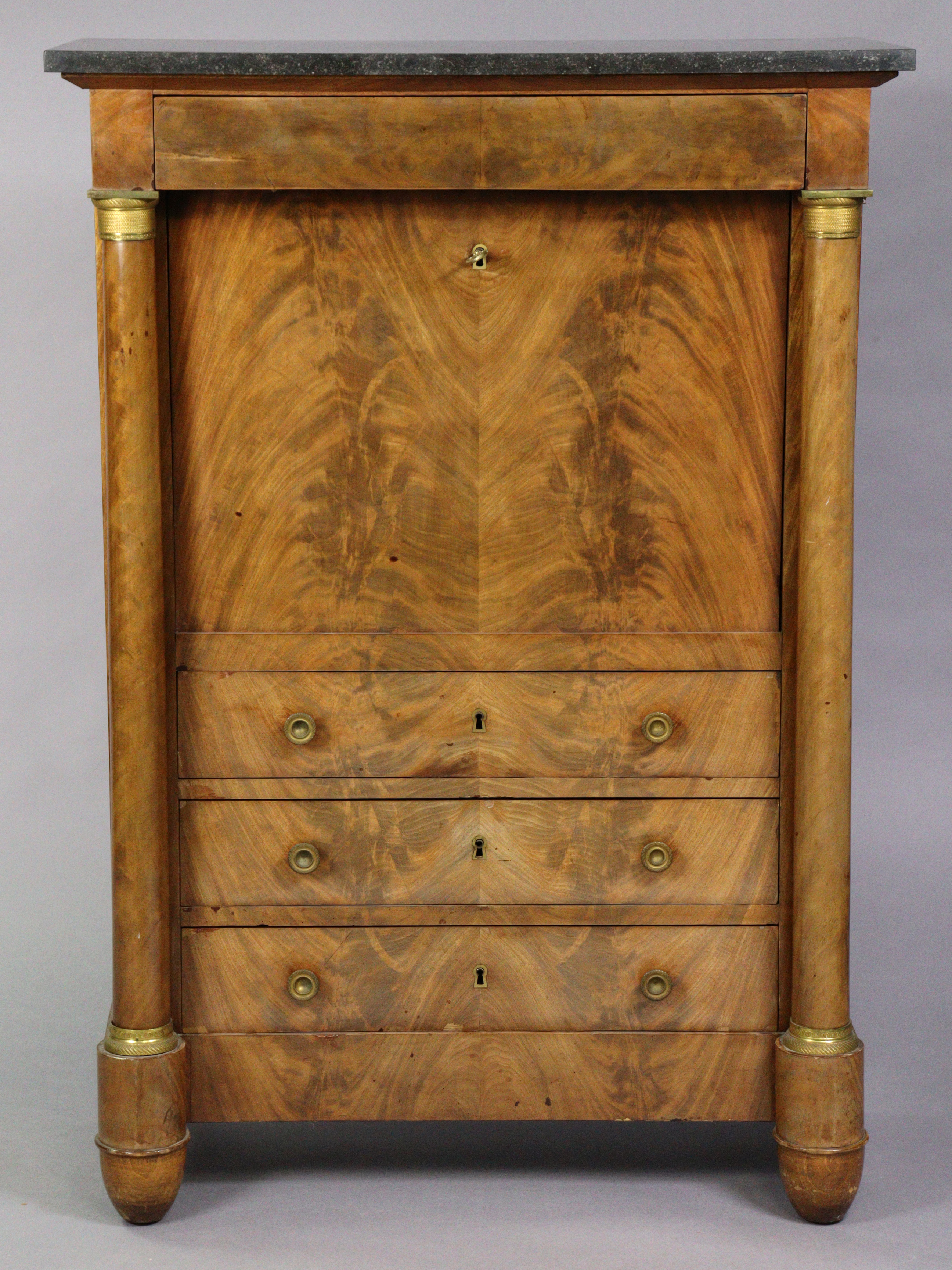 AN EARLY 19th century FRENCH WALNUT ESCRITOIRE or secretaire abatant, with brass mounted & grey