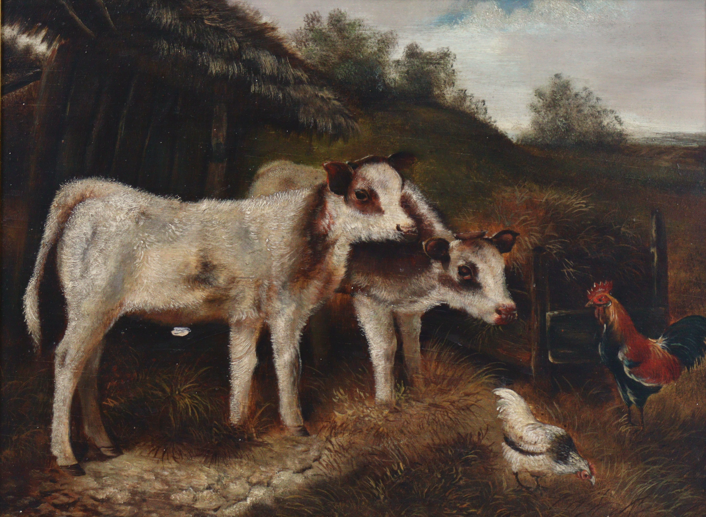 Attributed to AYMAR ALEXANDER PEZANT (1846-1916) Calves with a hen & rooster in a farmyard. Oil on