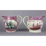 Two 19th century Sunderland pink lusterware jugs, one painted with “An East View of the New