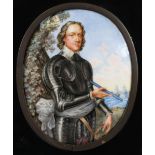 A 19th century painted enamel oval convex three-quarter length portrait of a gentleman dressed in
