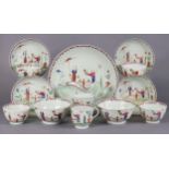 An 18th century Newhall porcelain part tea service, decorated in coloured enamels with chinoiserie