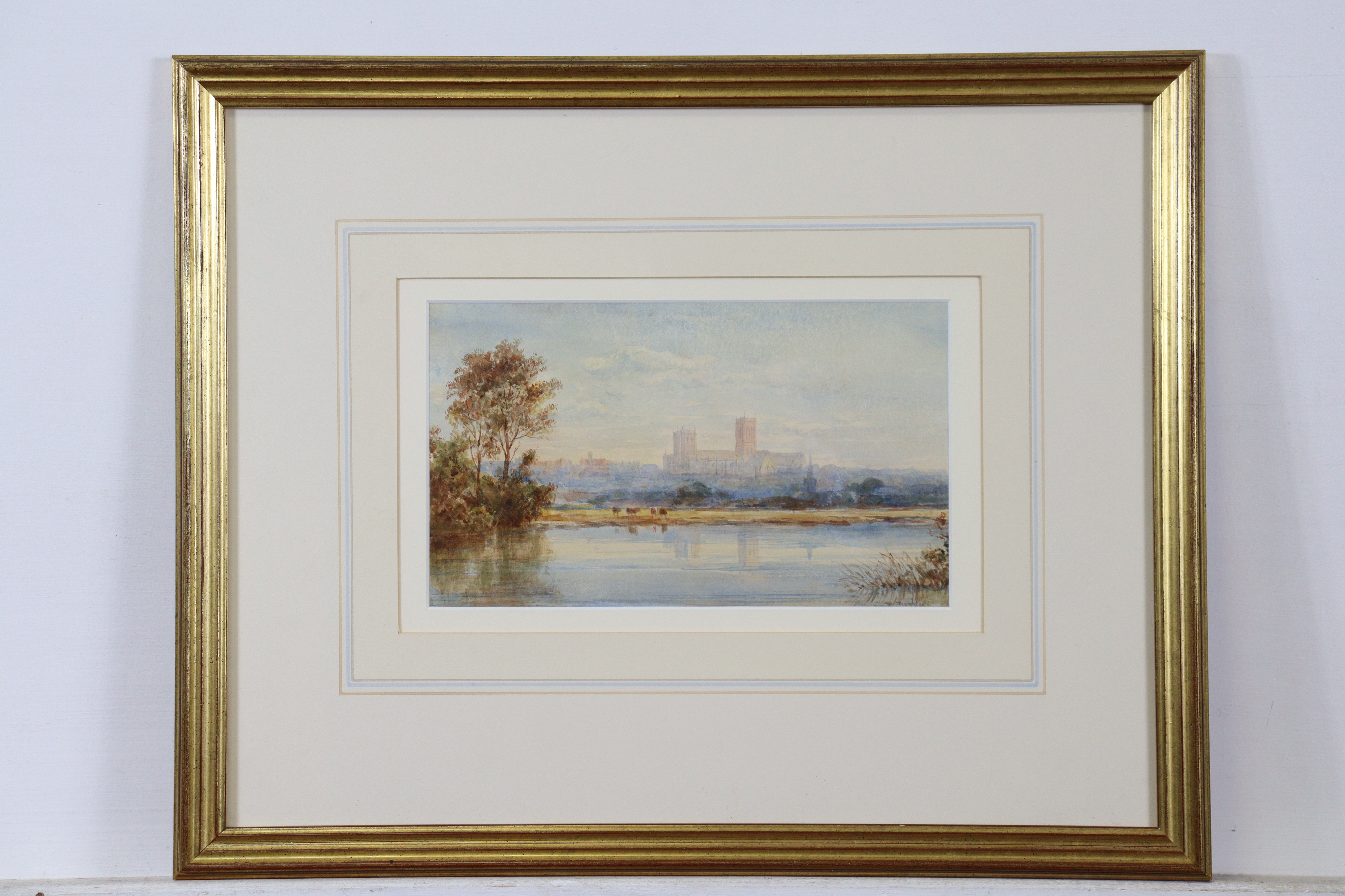 EDWARD TUCKER (c. 1825-1909) A view of Lincoln Cathedral from across the water, signed, Watercolour: - Image 2 of 3