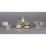 A pair of George V silver hexagonal sweetmeat dishes with pierced tapered sides & flat foliate