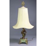 A 19th century style cast speltre & onyx figural table lamp on four foliate feet, with shade, 35”
