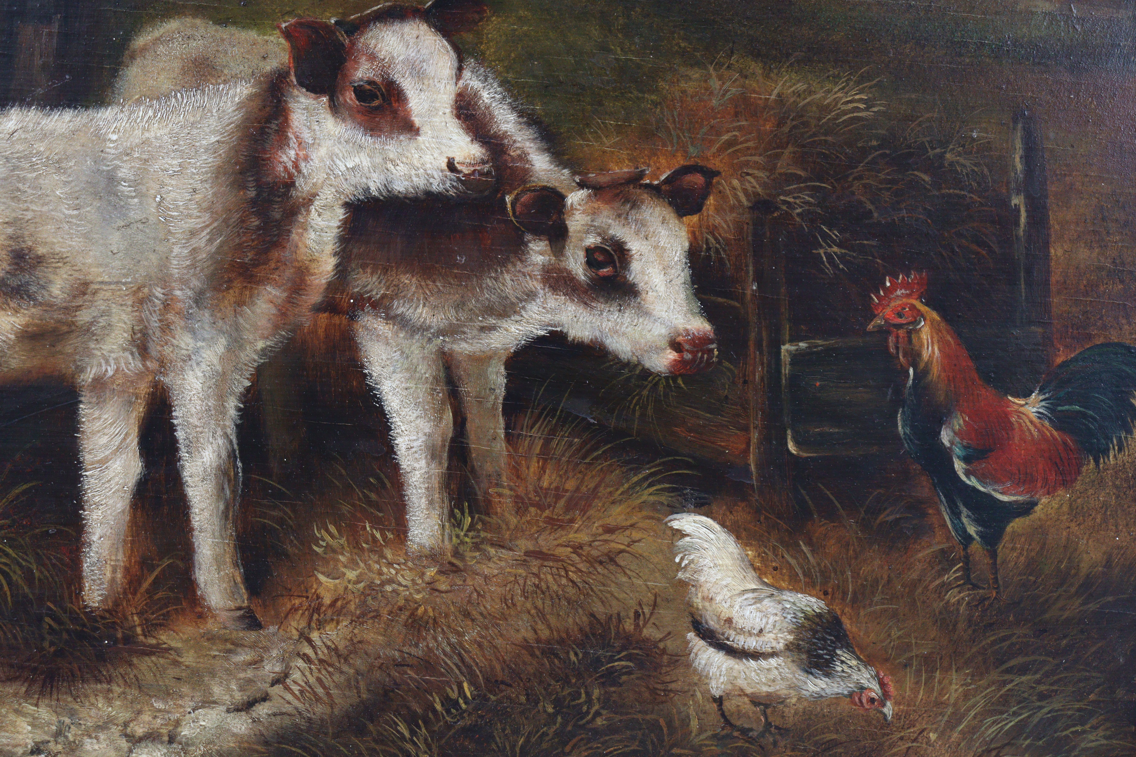 Attributed to AYMAR ALEXANDER PEZANT (1846-1916) Calves with a hen & rooster in a farmyard. Oil on - Image 3 of 5