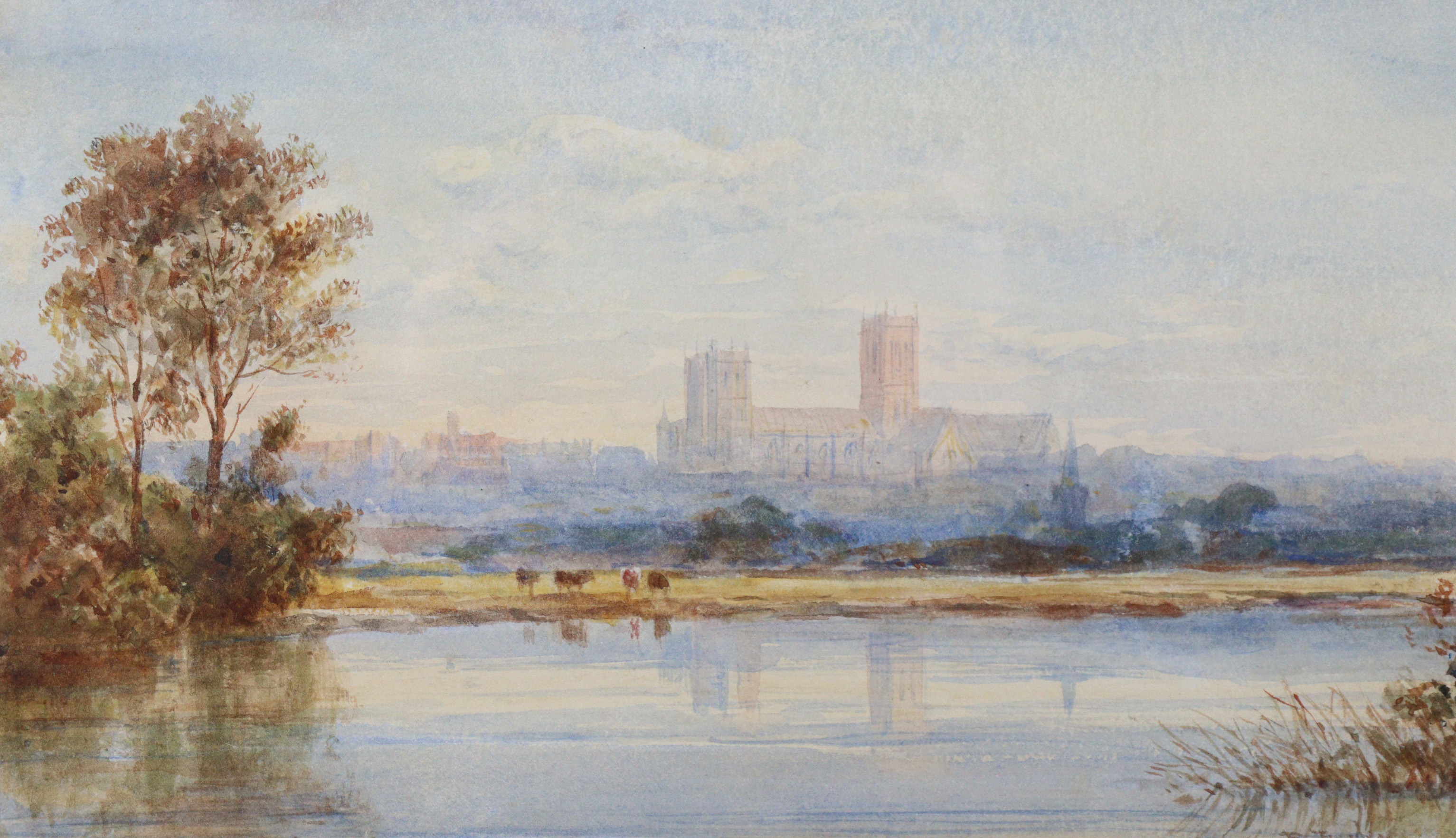 EDWARD TUCKER (c. 1825-1909) A view of Lincoln Cathedral from across the water, signed, Watercolour: