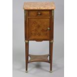 A French walnut bedside cupboard in the 19th century style, with brass mounts & rouge marble top,