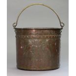 A 19th century copper coal bucket with embossed Royal cypher to the cylindrical body within a border