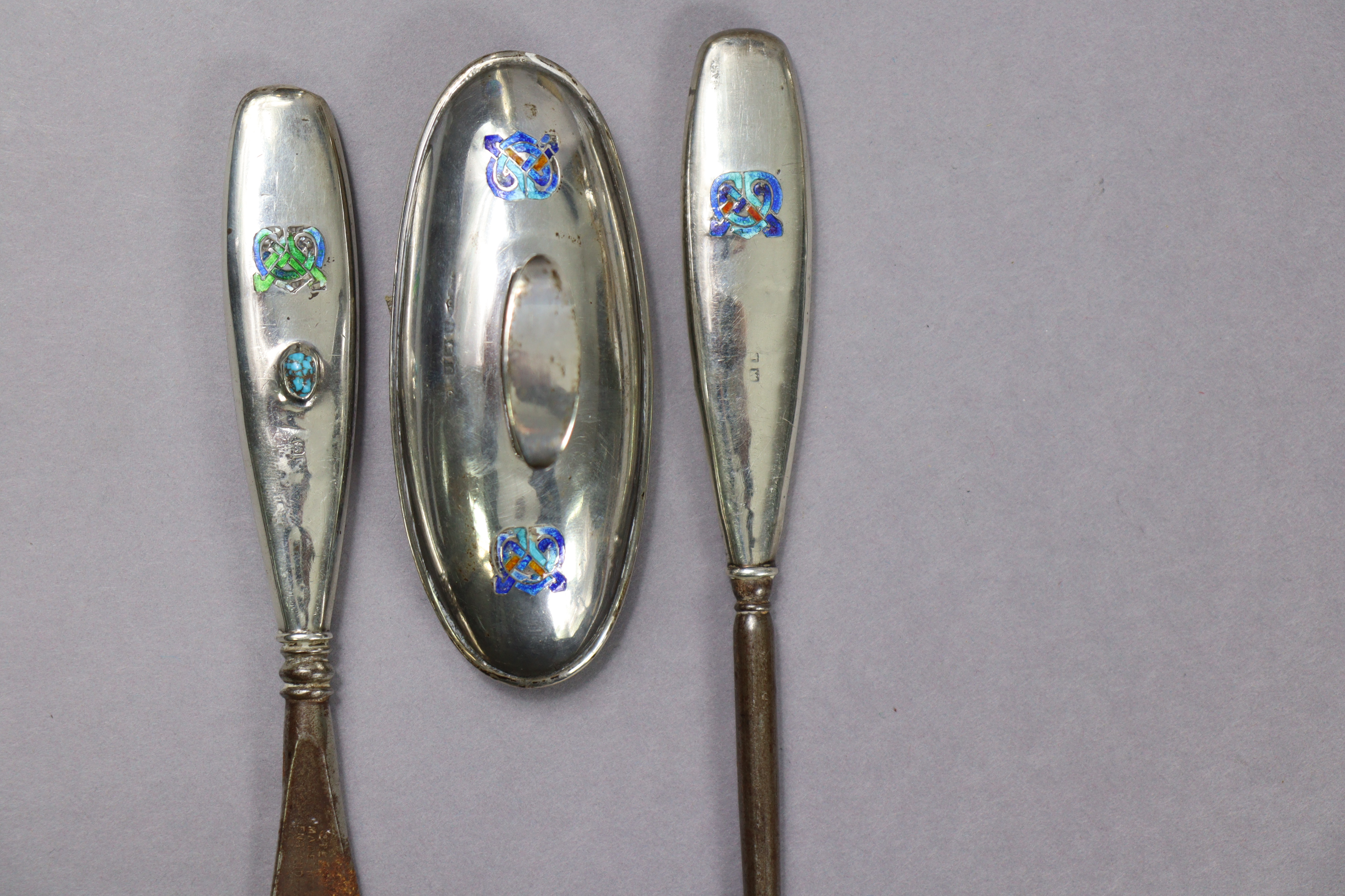 A Liberty & Co. “Cymric” silver part dressing table set with coloured enamel Celtic motifs, - Image 5 of 13