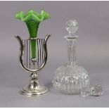 A silver-plated spill vase of lyre shape with central trumpet-shaped opalescent green glass