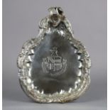 A German .800 standard pear-shaped tray with rococo scroll border & handle to one end, engraved