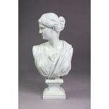 A decorative fibre-composite classical female bust on square plinth, 23” high x 11” wide.